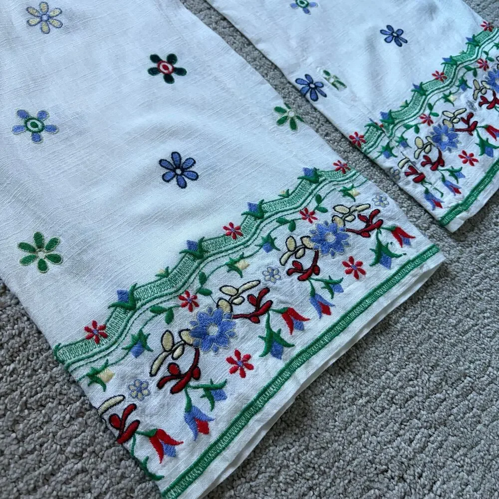 Zara White Wide-Leg Linen Pants with Multicolor Floral Embroidery